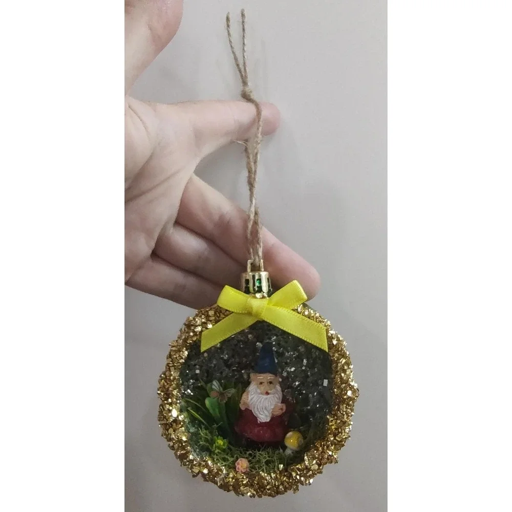 Garden Gnome Christmas Ornament Handmade Shatterproof Diorama Terrarium